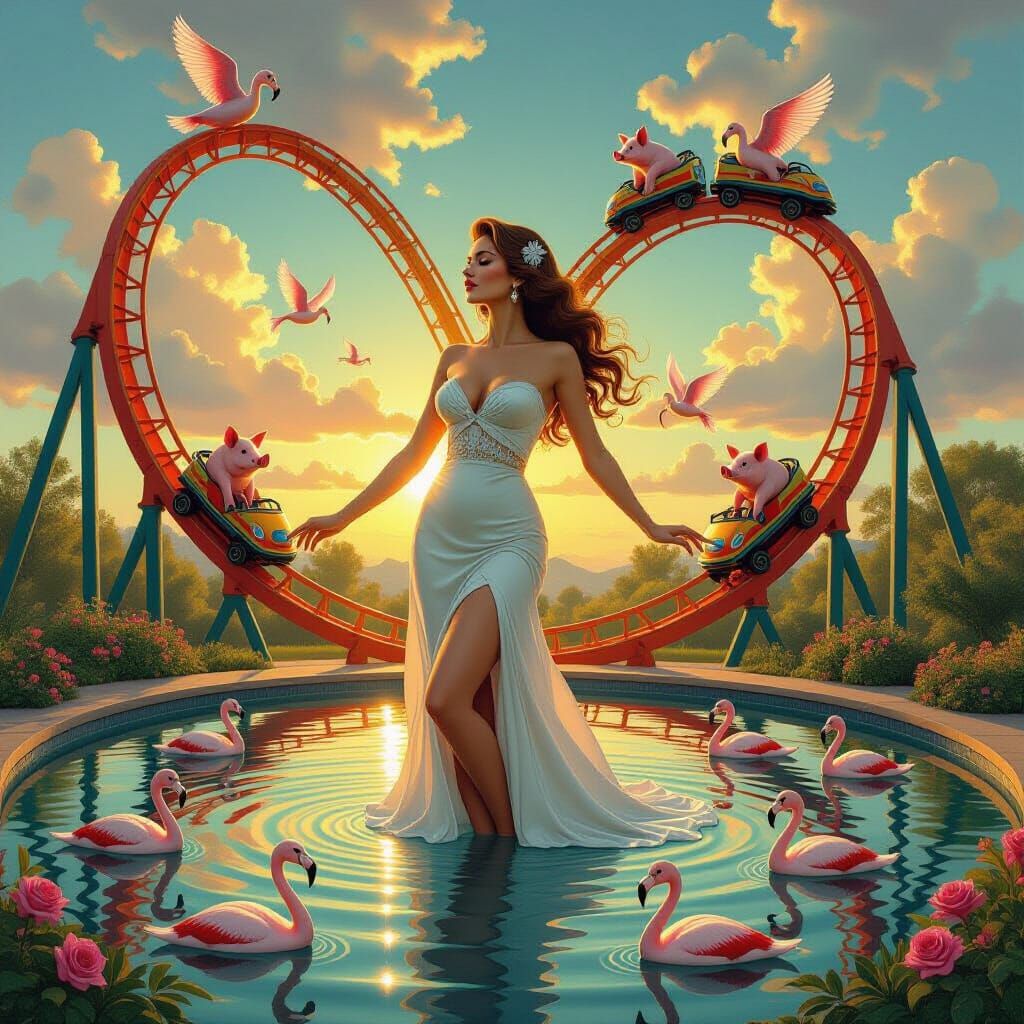 Surreal Woman Entwined with Roller Coasters in Dreamlike Pon...