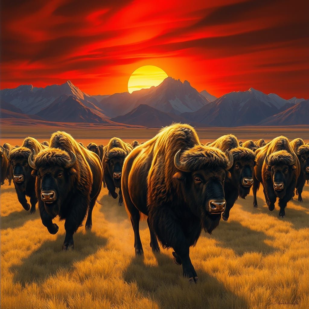 Bison Stampede Across Prairie Under Fiery Sky