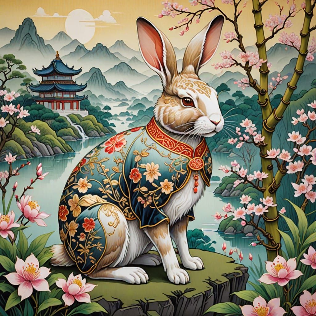 Vibrant Chinese Rabbit in Traditional Gouache Style