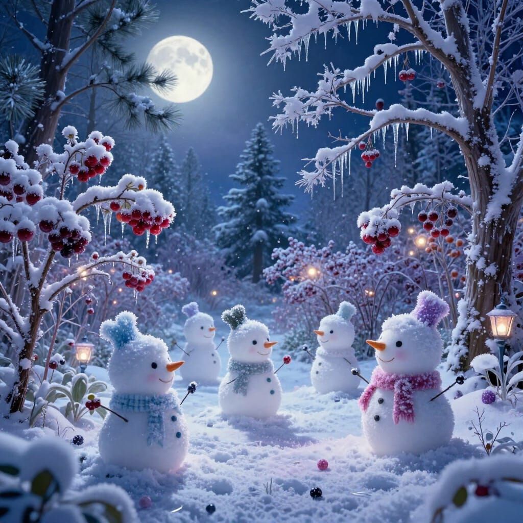 Moonlit Winter Garden with Snow Creatures and Frosted Berrie...