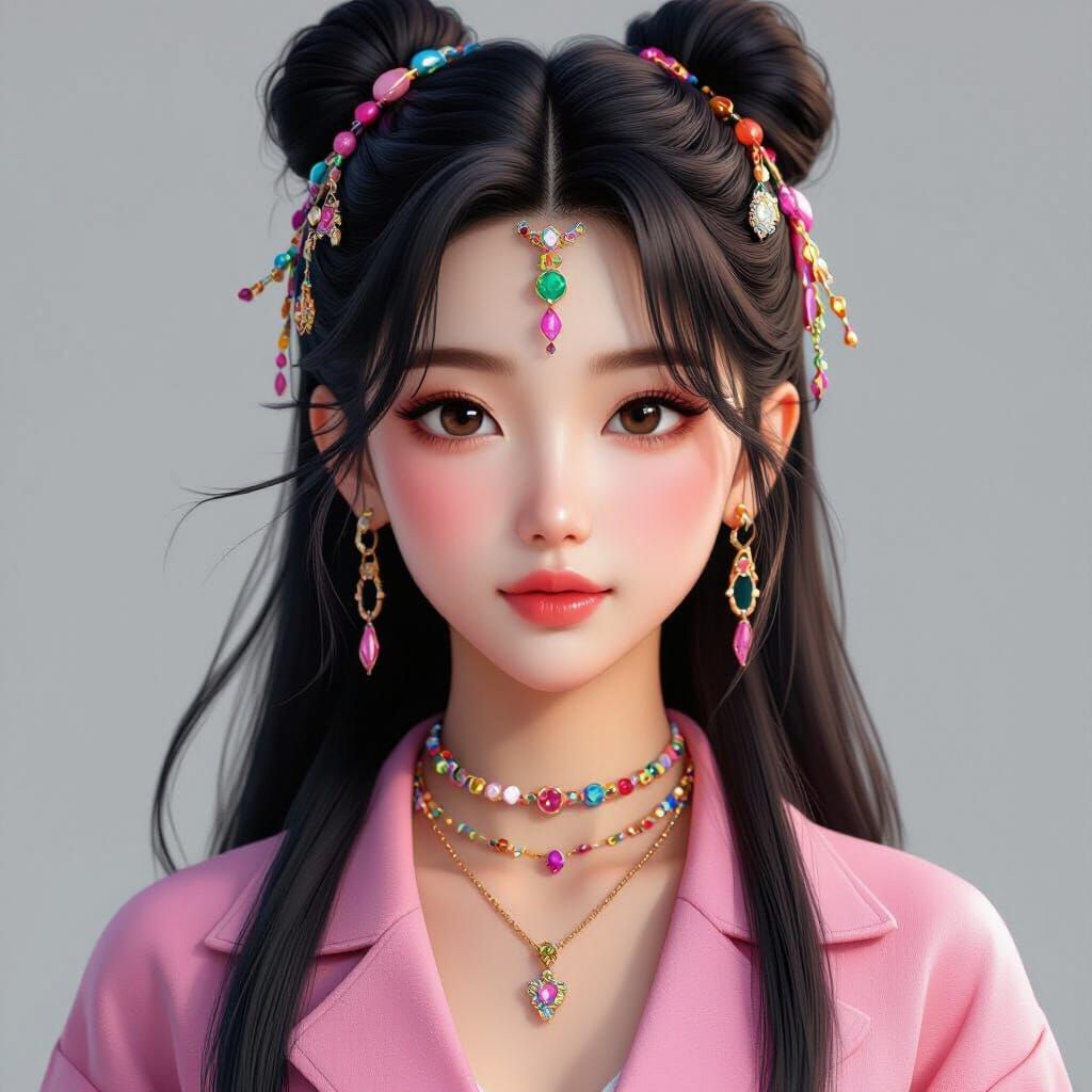 Stylish Korean Teenager in Pink Outfit with Colorful Jewelry