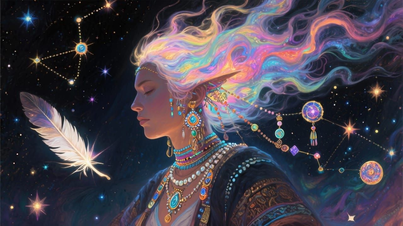 Cosmic Shamaness with Smoking Hair Amidst Stars