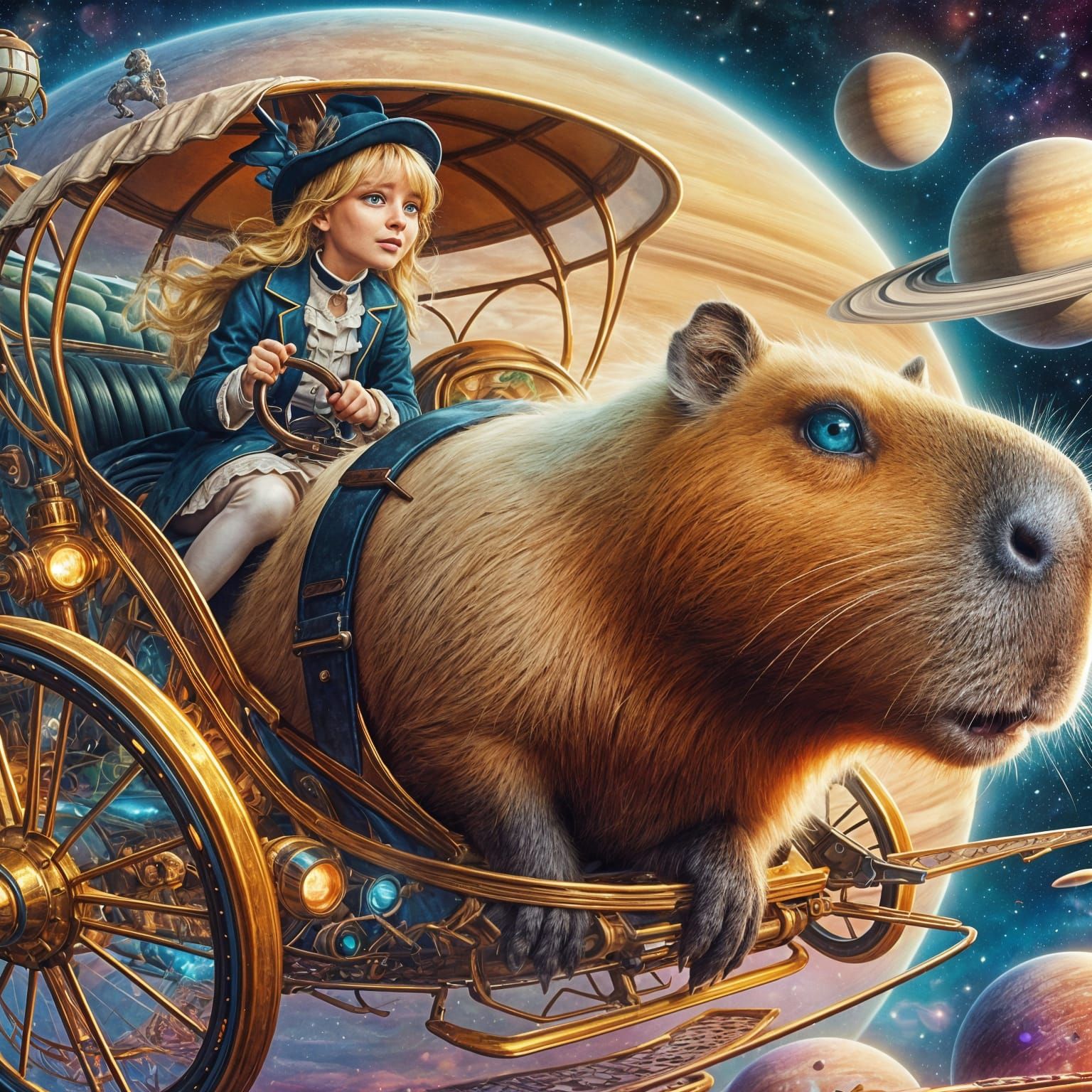 Capybara and Girl's Saturn Adventure in Steampunk Car