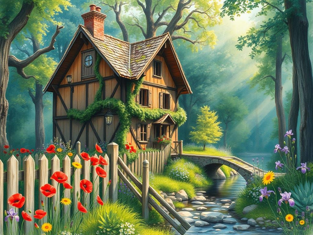 Medieval Wooden House in Emerald Forest Landscape