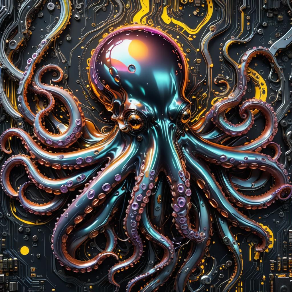 Liquid Chrome Octopus Portrait in Cyberpunk Style
