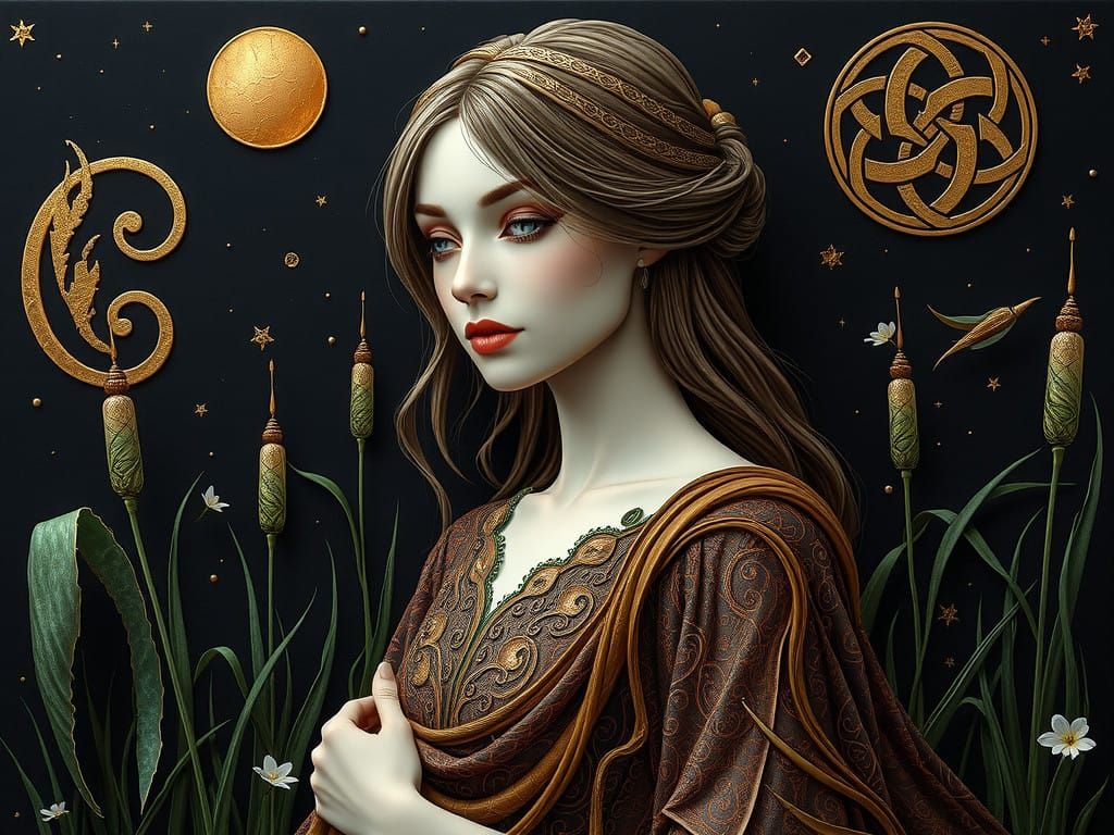 flawless ivory skin, brown-green iridescent dress