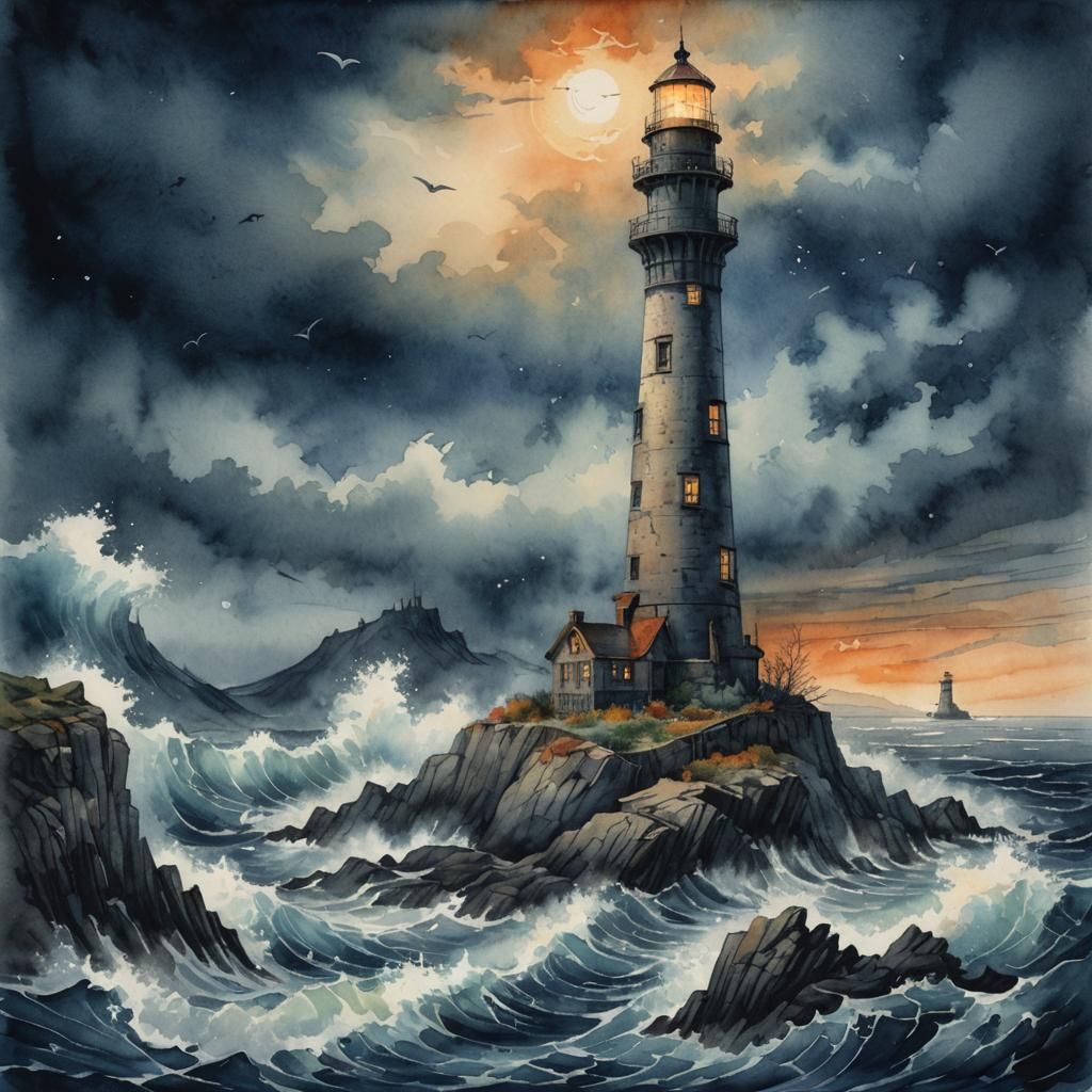 Eerie Lighthouse on Rocky Coast in Watercolor