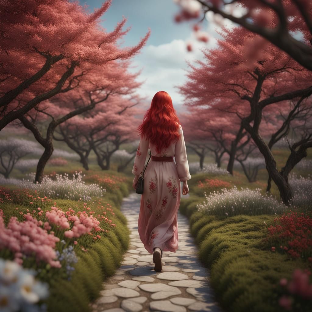 Asian Woman on Flowered Path in Photorealistic Style