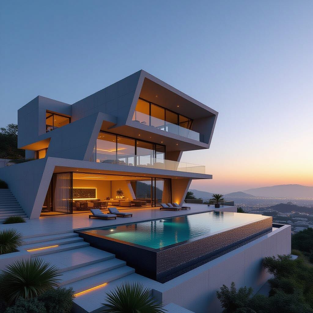 Modern Mega-Villa with Bold Architecture at Sunset