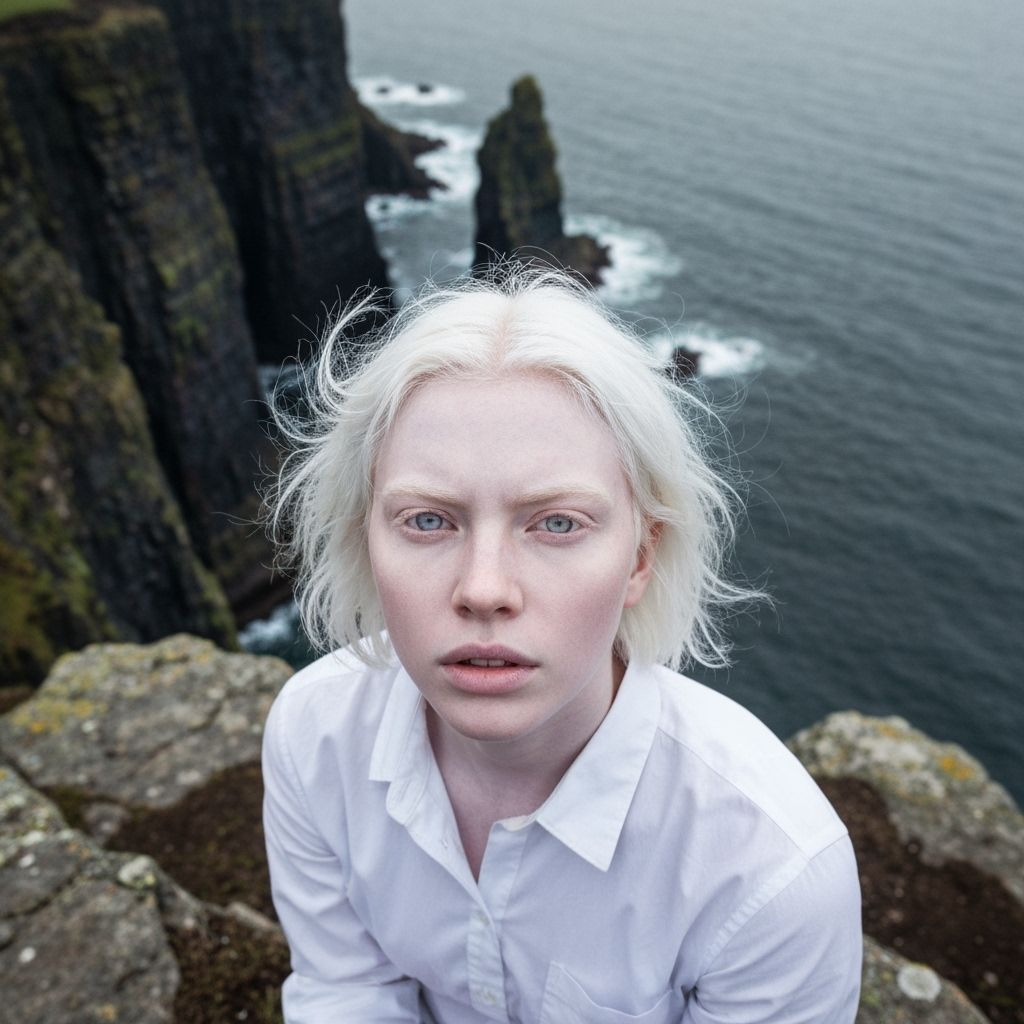 Albino Woman on Cliffs: Hyperrealistic Digital Art