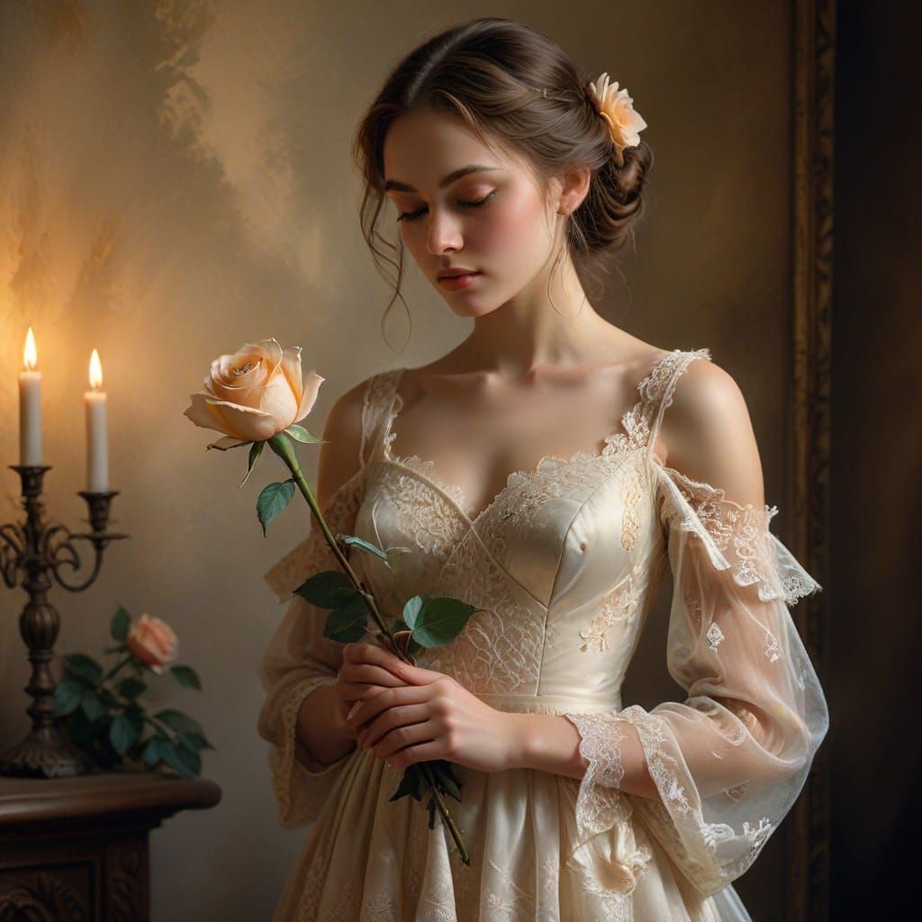 Maiden with Rose: Romantic Realism Oil Painting