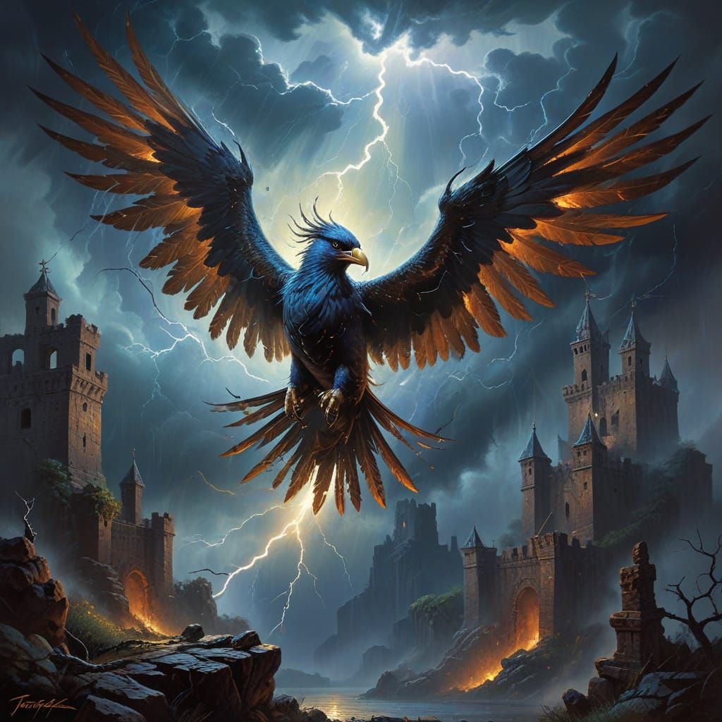 Fantastical Lightning Bird Soaring Over Castle Ruins
