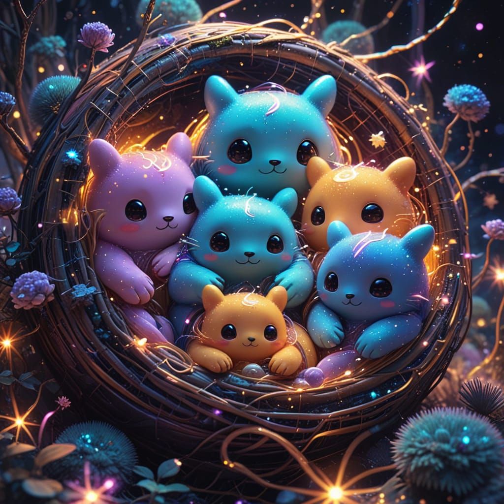 Kawaii Creatures Cuddling in a Space Nest