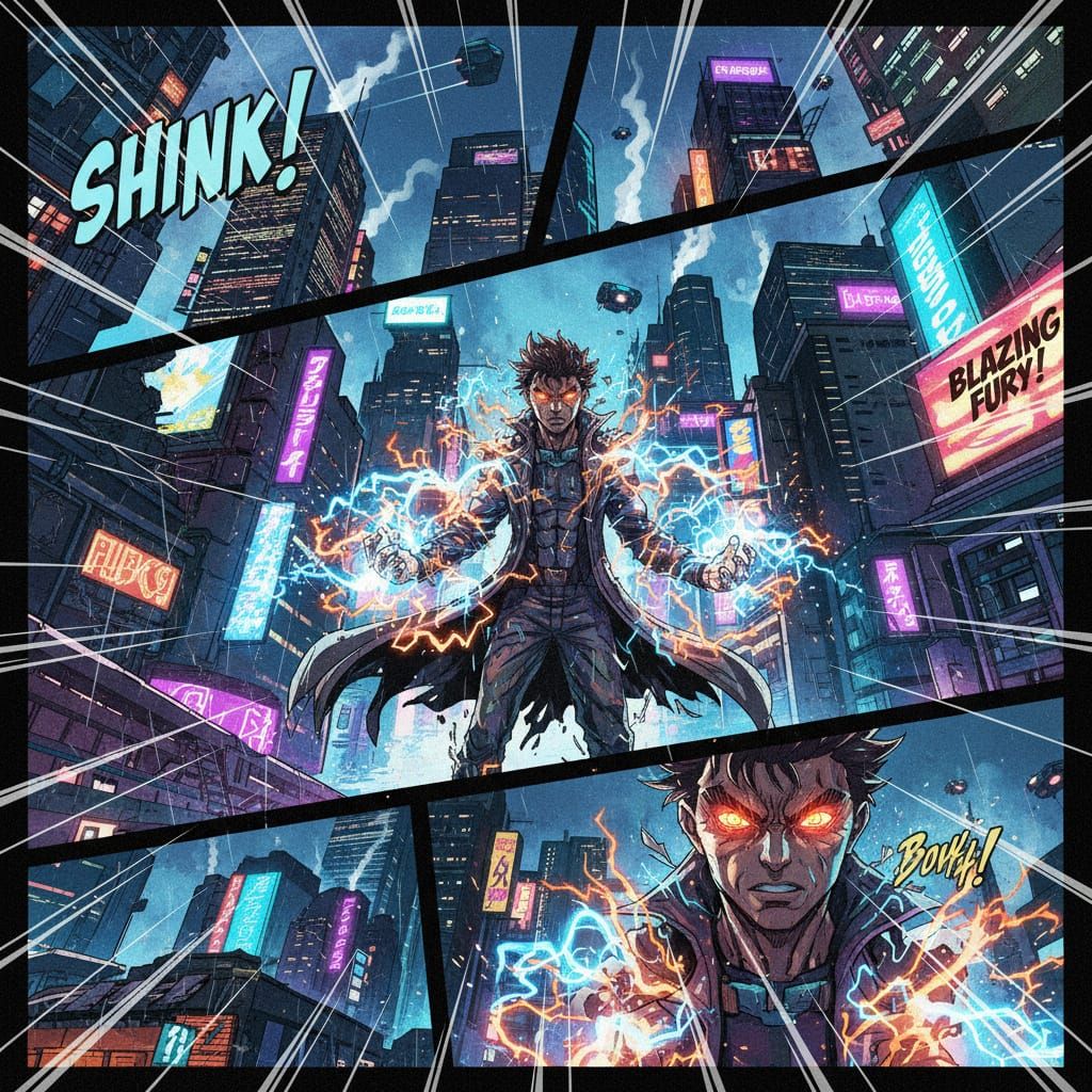 Cyberpunk Cityscape with Shonen Energy Powers