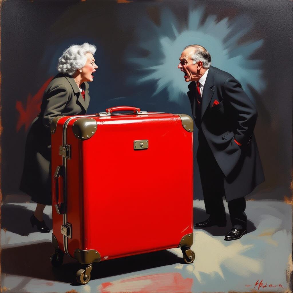 Vintage Suitcase Amidst Heated Argument Oil Painting