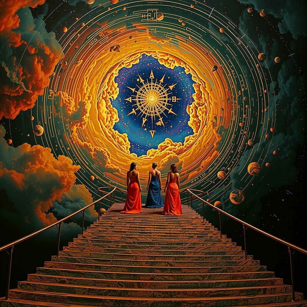 Elegant Women Ascend Celestial Staircase in Hyperrealistic S...