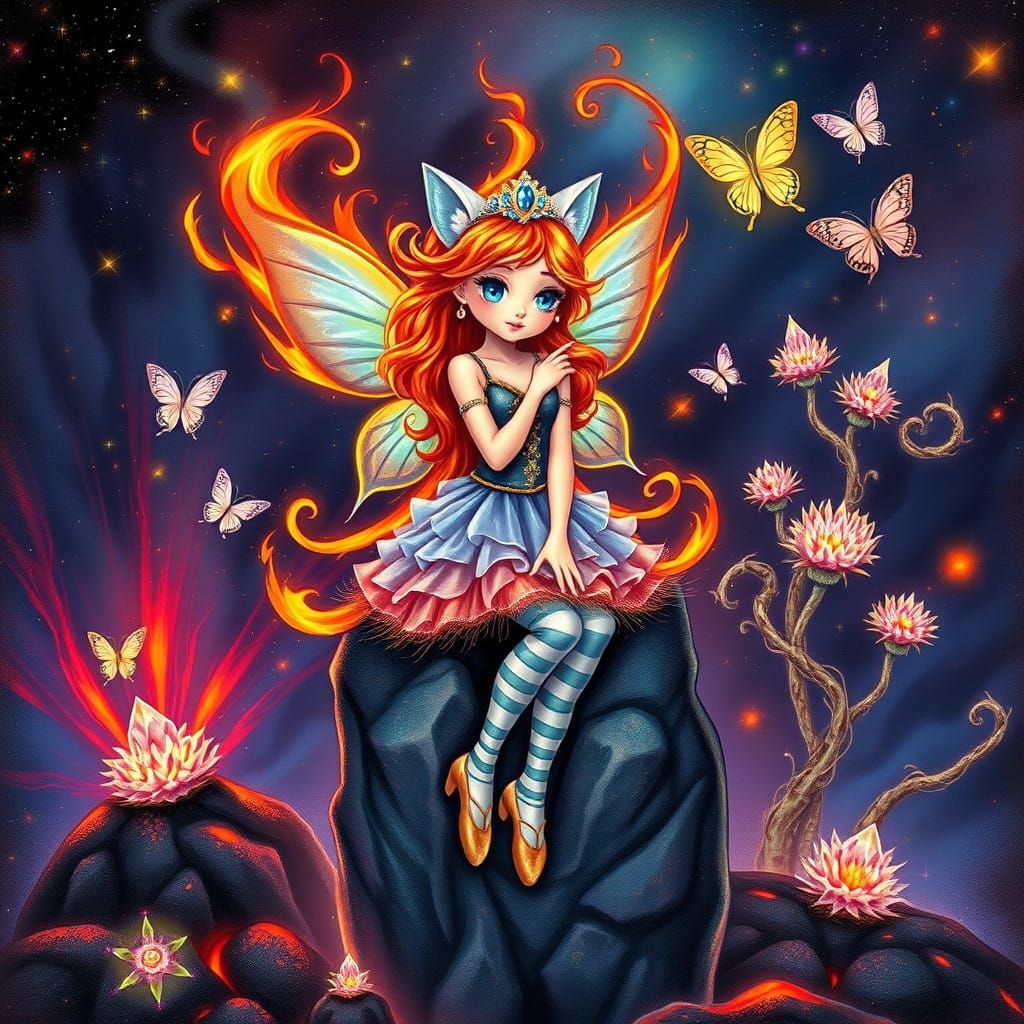 Fiery Fairy Princess in a Cosmic Volcanic Landscape