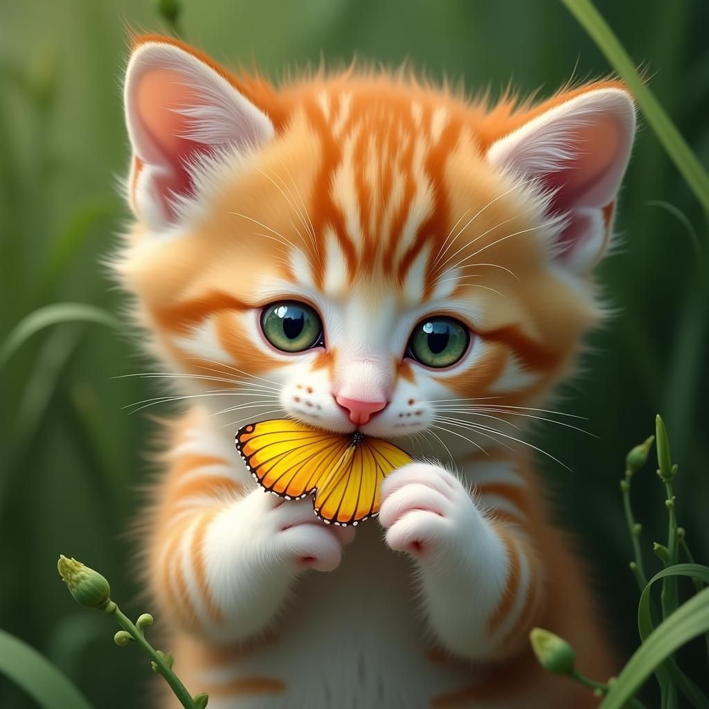 Ginger Kitten and Butterfly Wing, Photorealistic Style