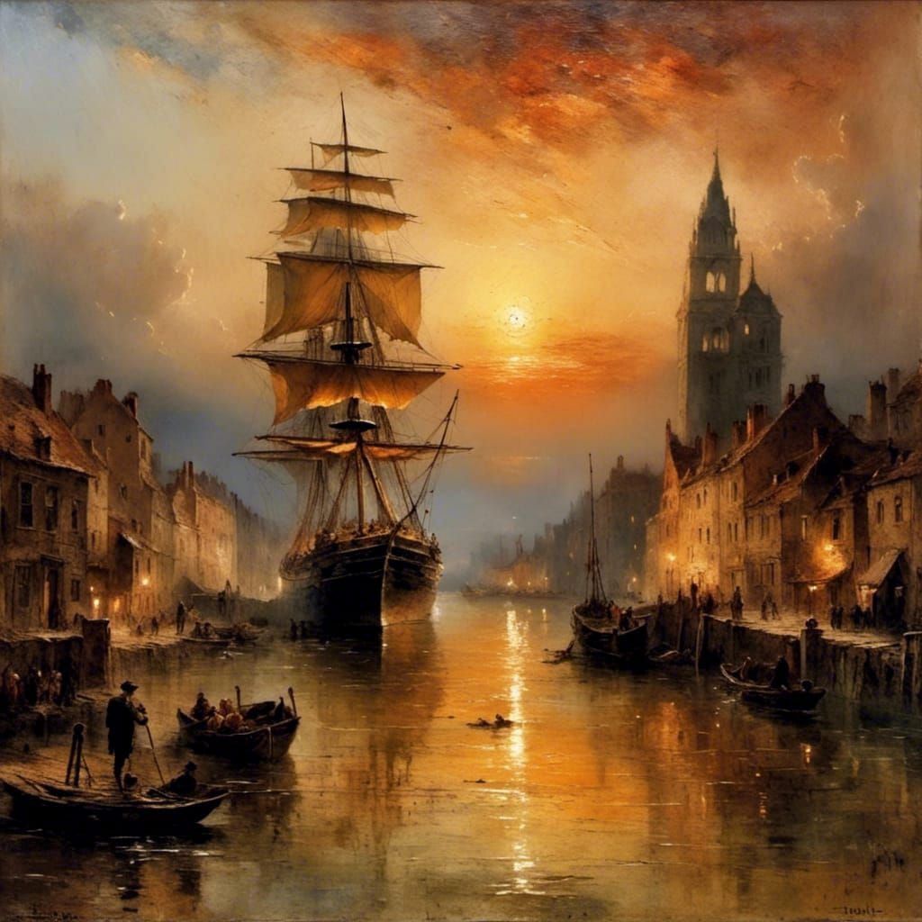 Sunset Ship Docking: Impasto Oil Painting