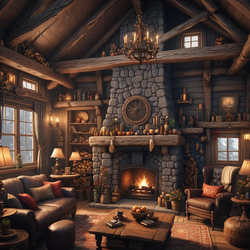 Cozy Cabin Interior with Fireplace in Detailed Matte Paintin...