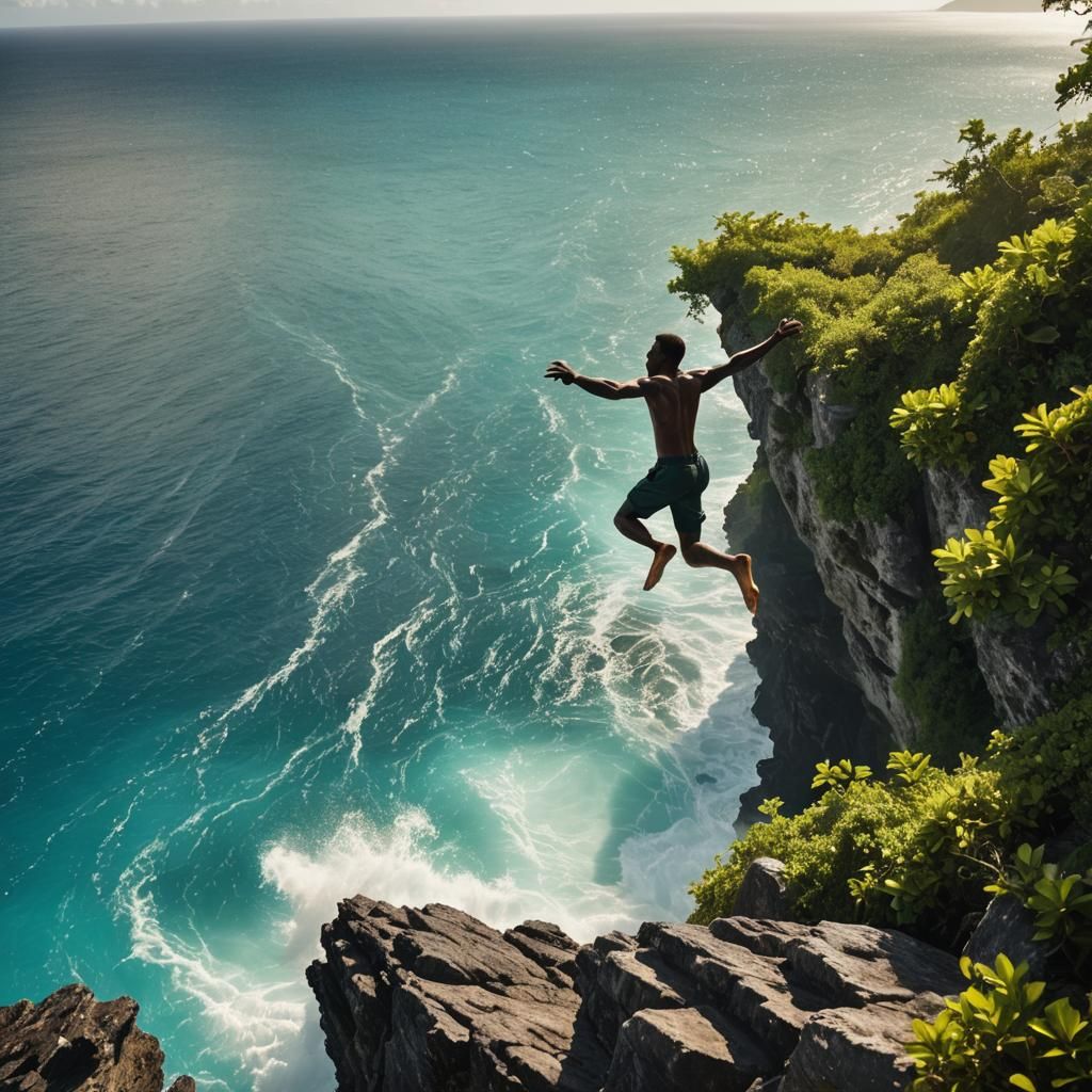 Caribbean Cliff Diver in Radiant Morning Light