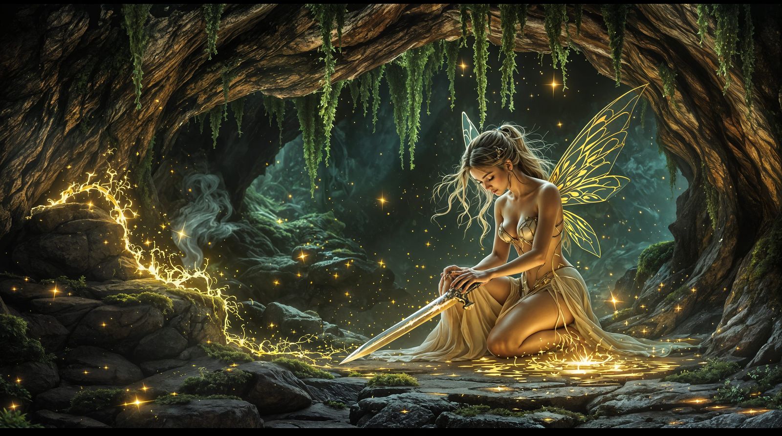 Enchanted Forge of a Mythic Fairy in a Glowing Cave