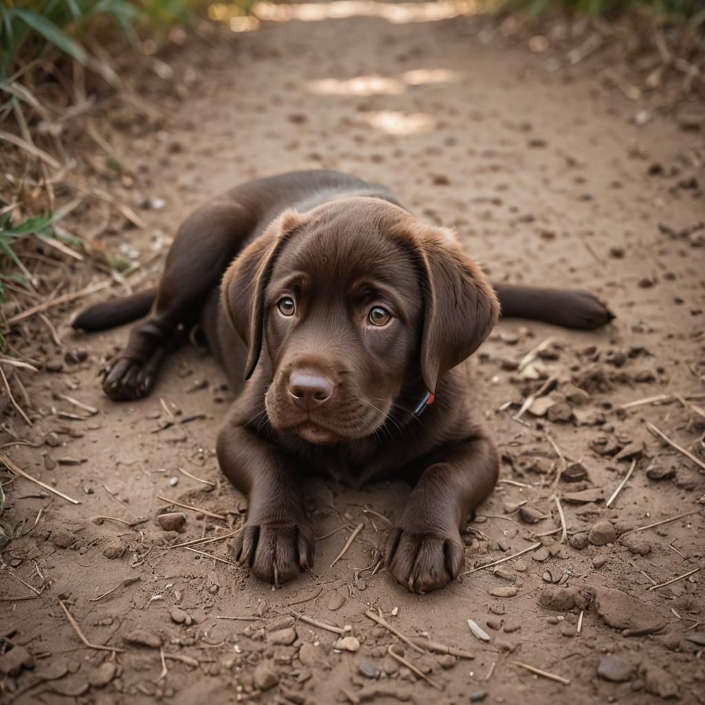 Chocolate Lab Puppy Portrait in Soft Warm Light