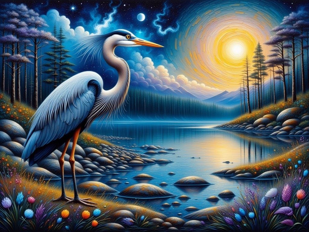 Cosmic Wetland Dreamscape with Great Blue Heron