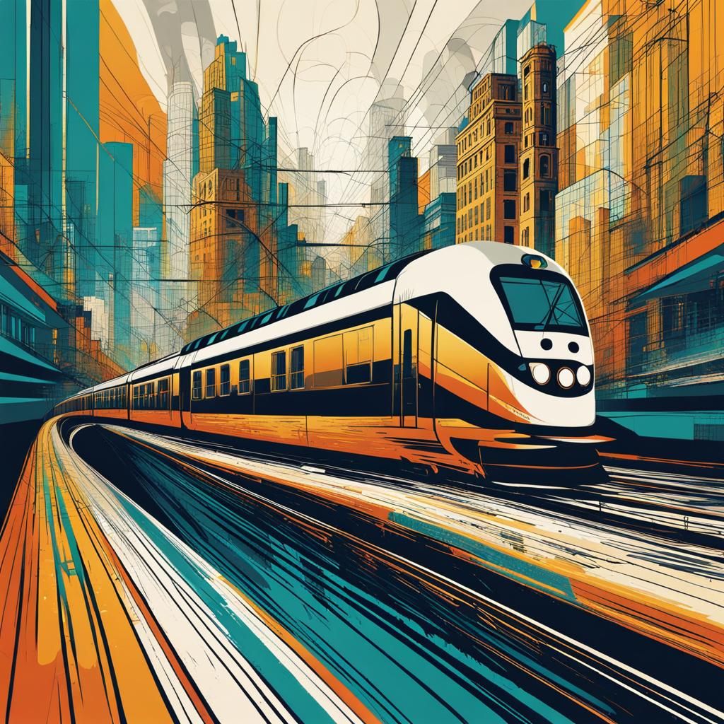 Art Deco Train in City: Pop Art Style