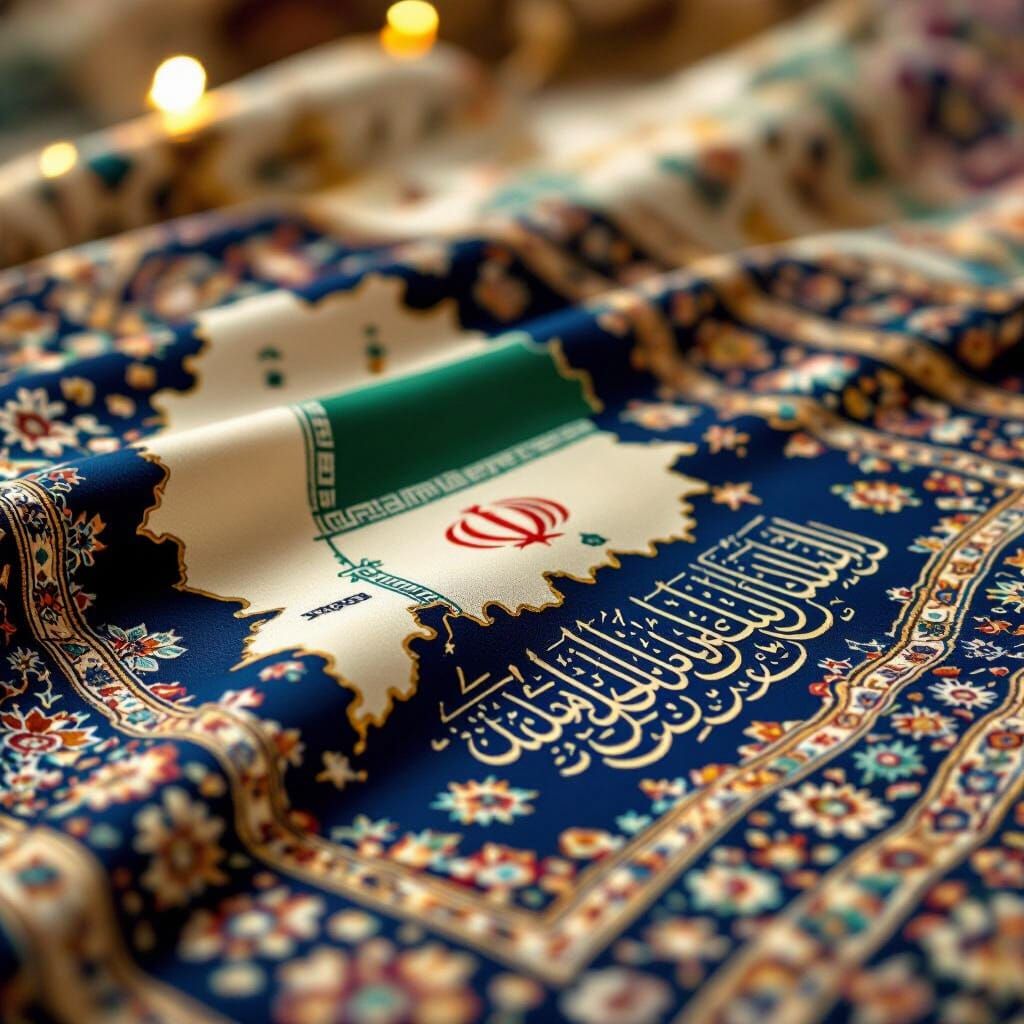 Iran Map Fused with Persian Fabric and Farsi Calligraphy