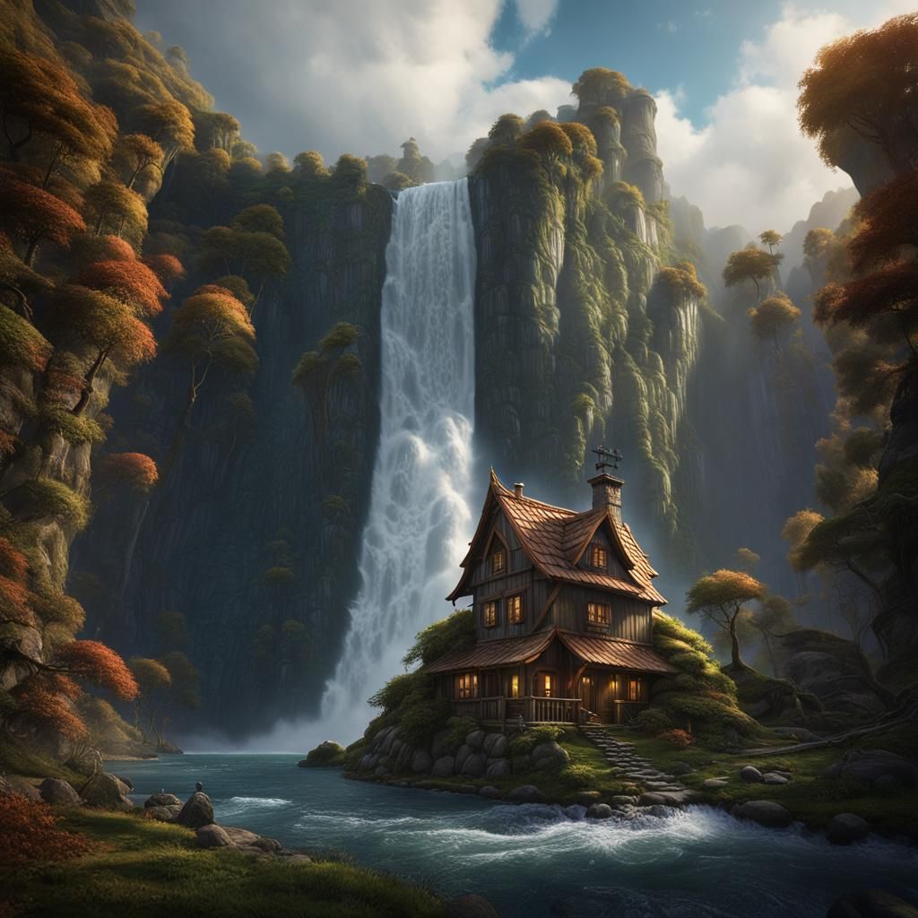 House Under Waterfall: Detailed Matte Painting