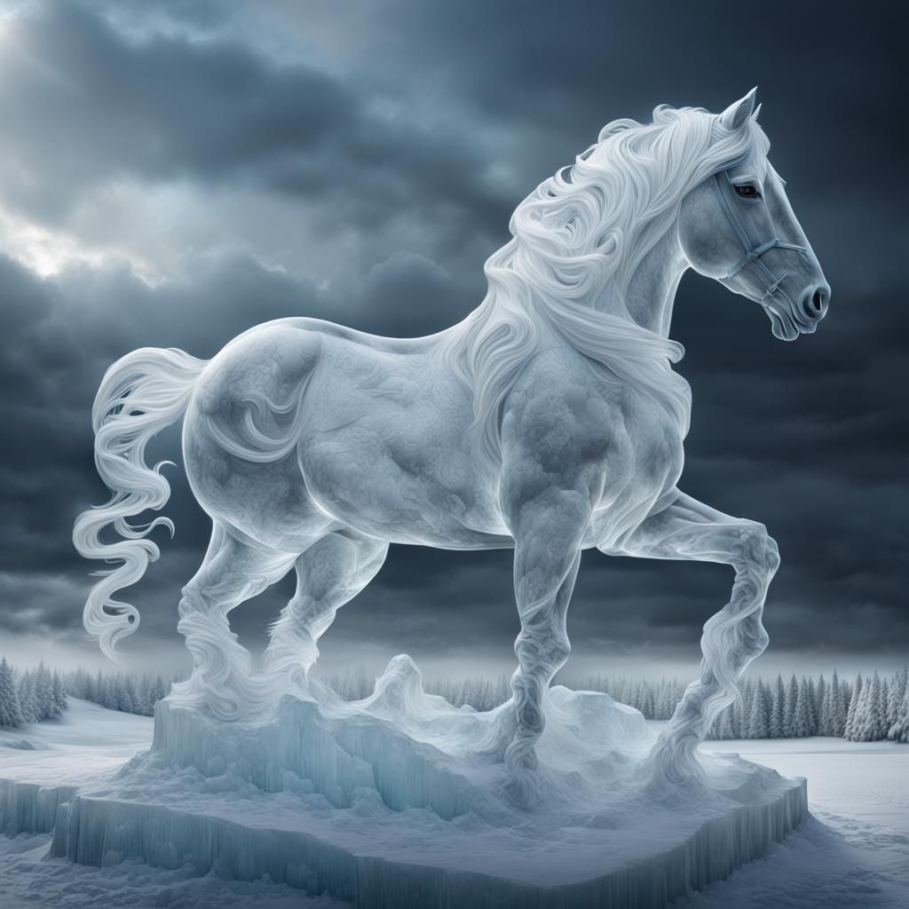 Dramatic Ice Horse Sculpture: Digital Matte Painting