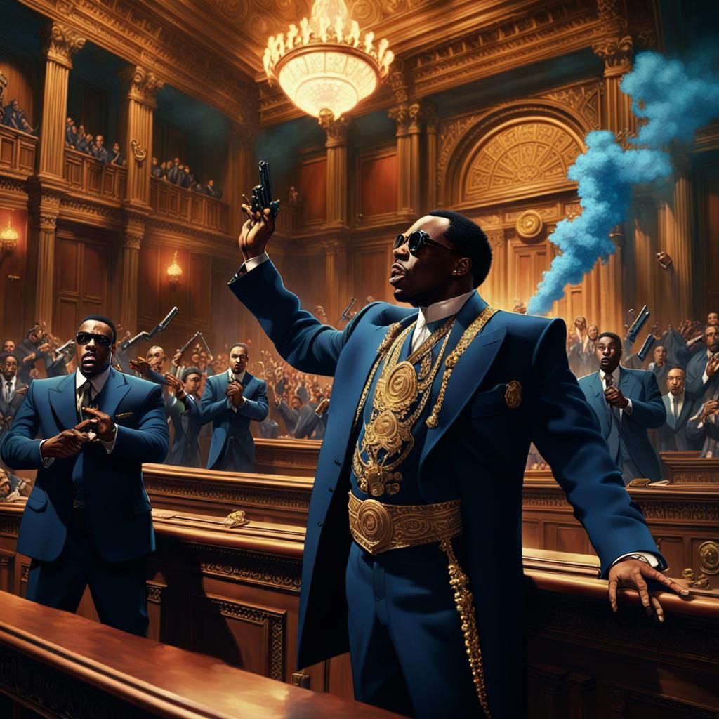 Chaotic Courtroom Scene in a Matte Painting Style