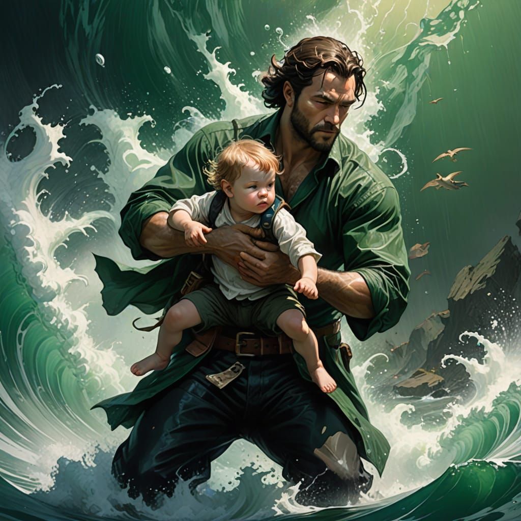 Ink Drawing: Father's Sacrifice in Turbulent Waters