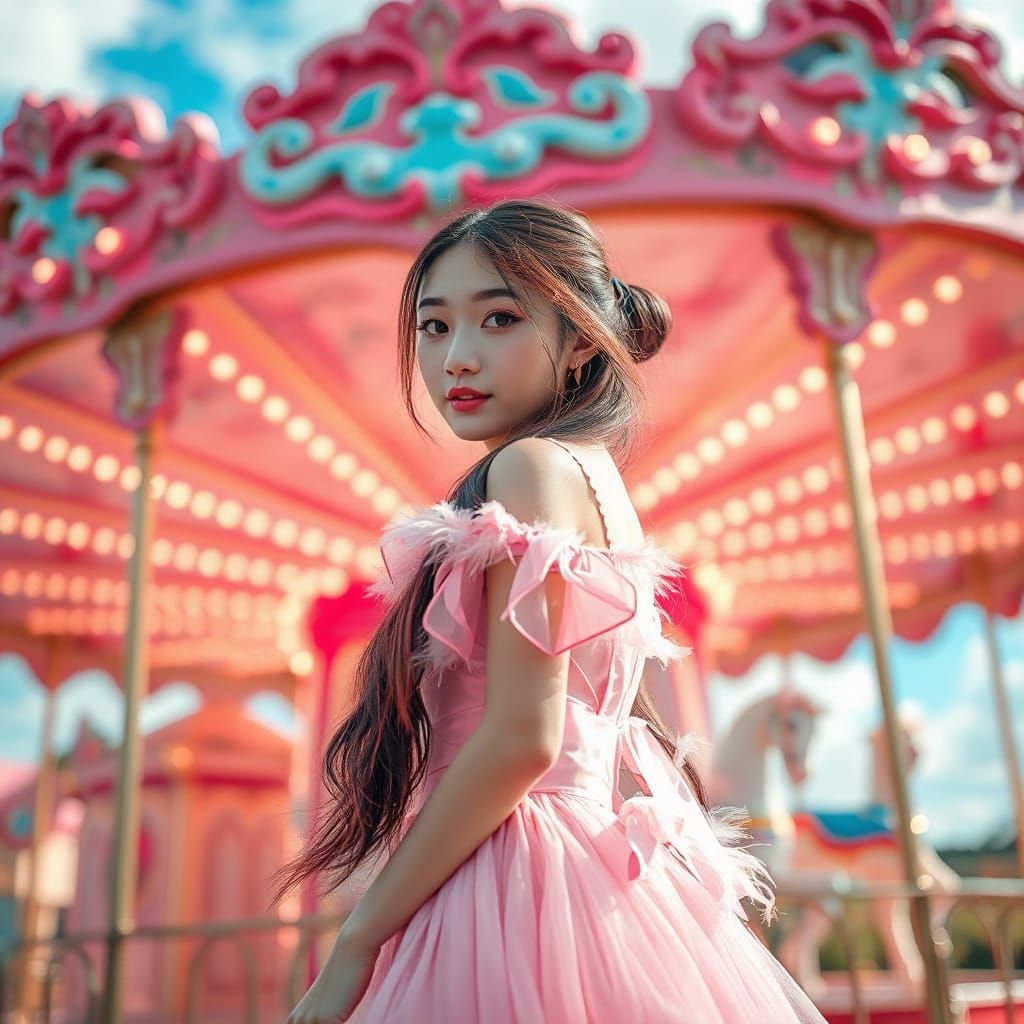 Korean Woman in Pink Dress at Carousel