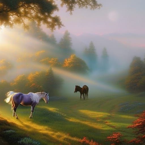 Ethereal Horses in Misty Fantasy Landscape