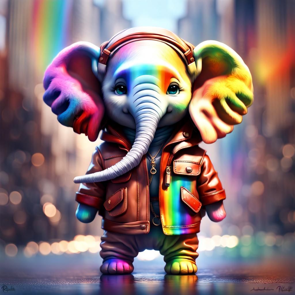 chibi adorable anthropomorphic furry elephant wearing street clothes rainbow paint art: "smooth soft fluffy fur" : extre...
