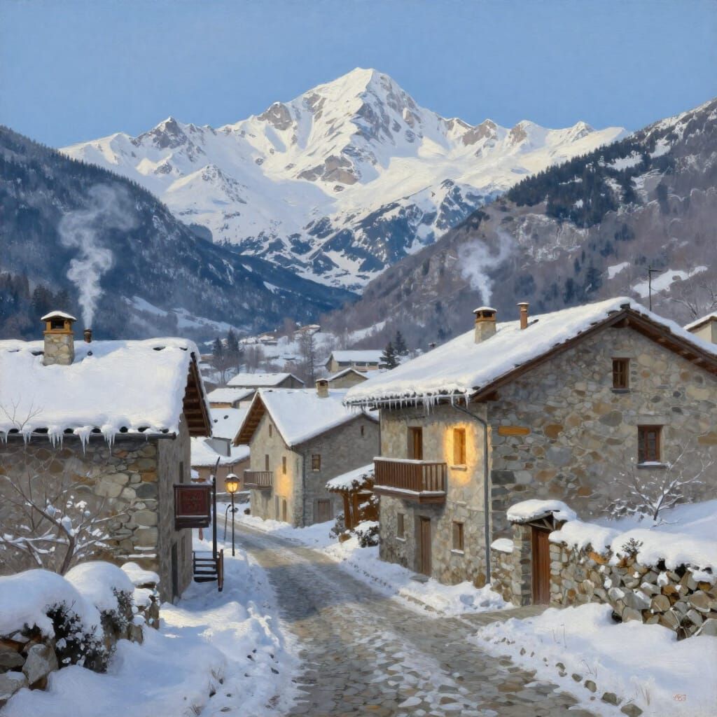 Snowy Aran Valley Village in Oil Painting Style