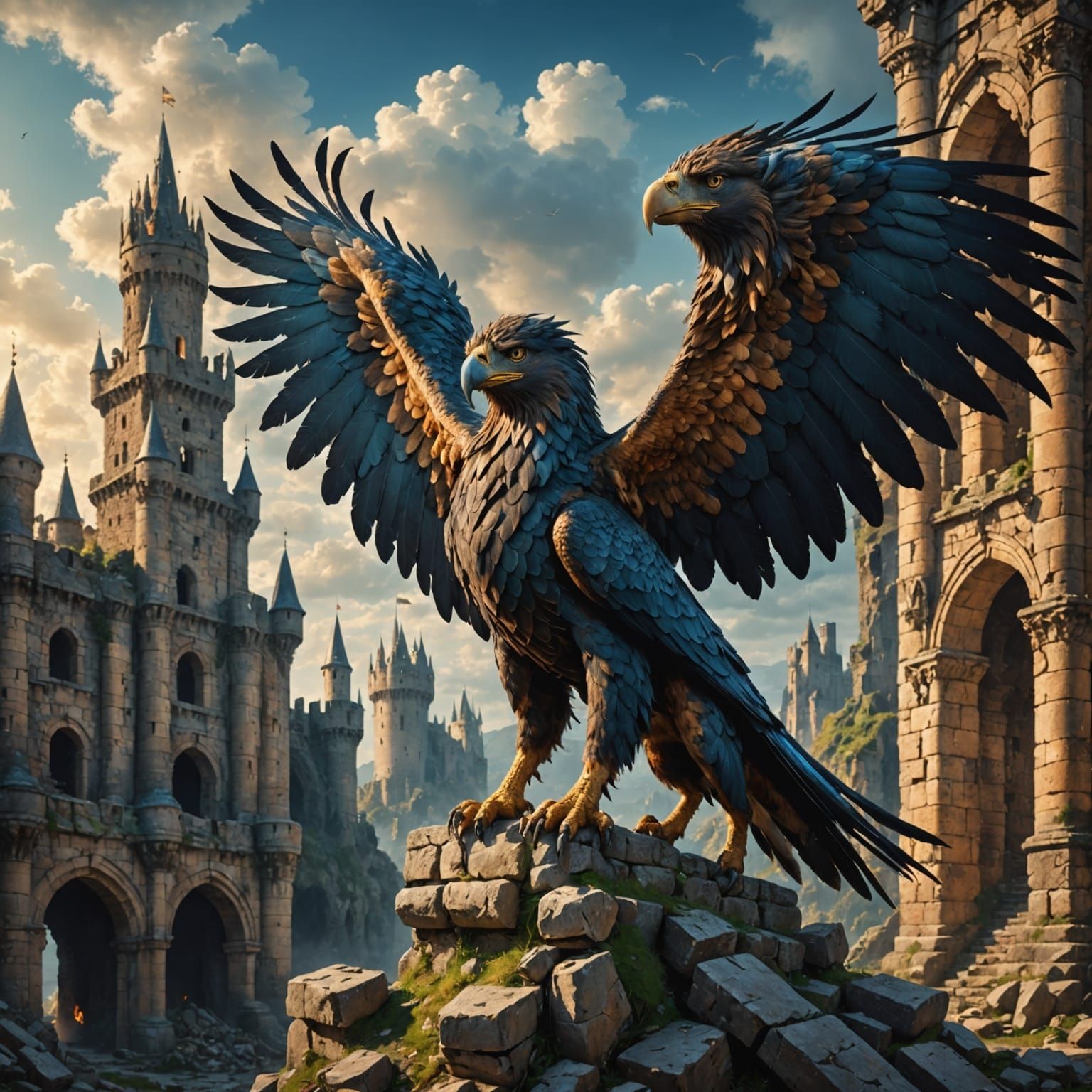 Grim Majesty: Griffin Amidst Forgotten Castle Ruins