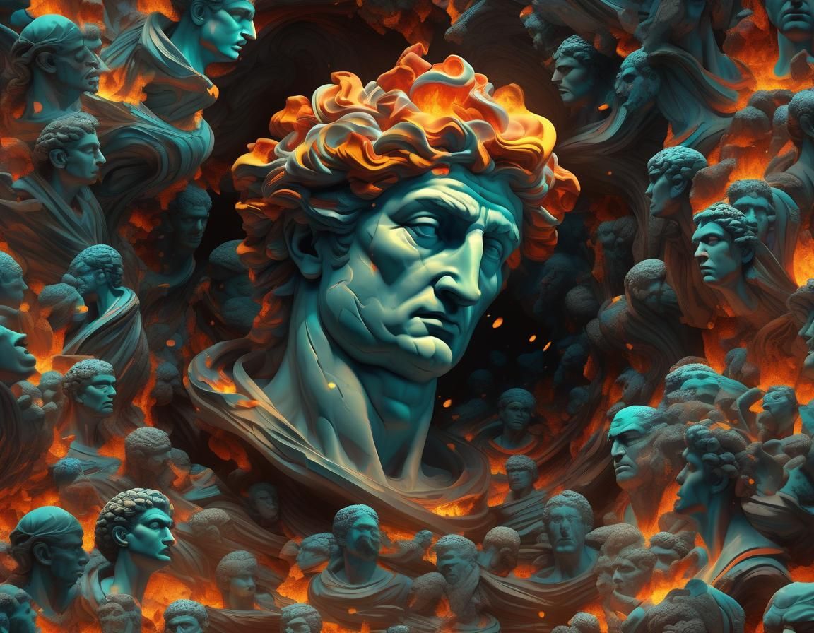 Surreal Michelangelo Heads Spiraling Down in Anguish