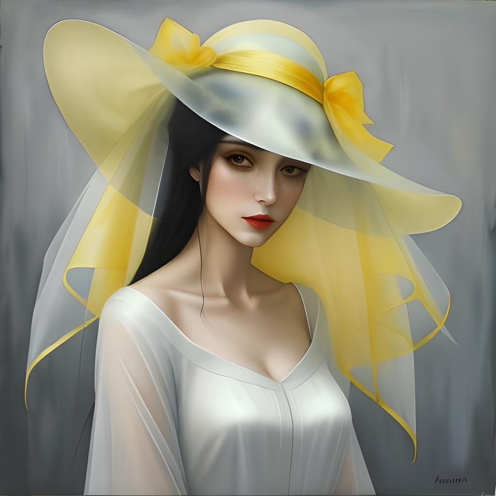 Ethereal Woman in Yellow Hat, Watercolor Portrait