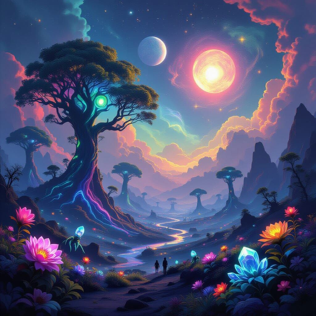 Alien Planet Landscape with Twin Suns and Bioluminescent Flo...