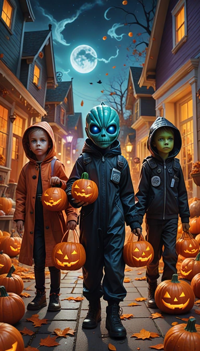 Children Trick-or-Treating Encountering Candy-Stealing Alien...