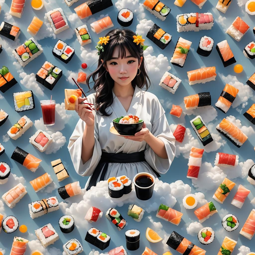 Girl Enjoying Boba and Sushi in Divine Light