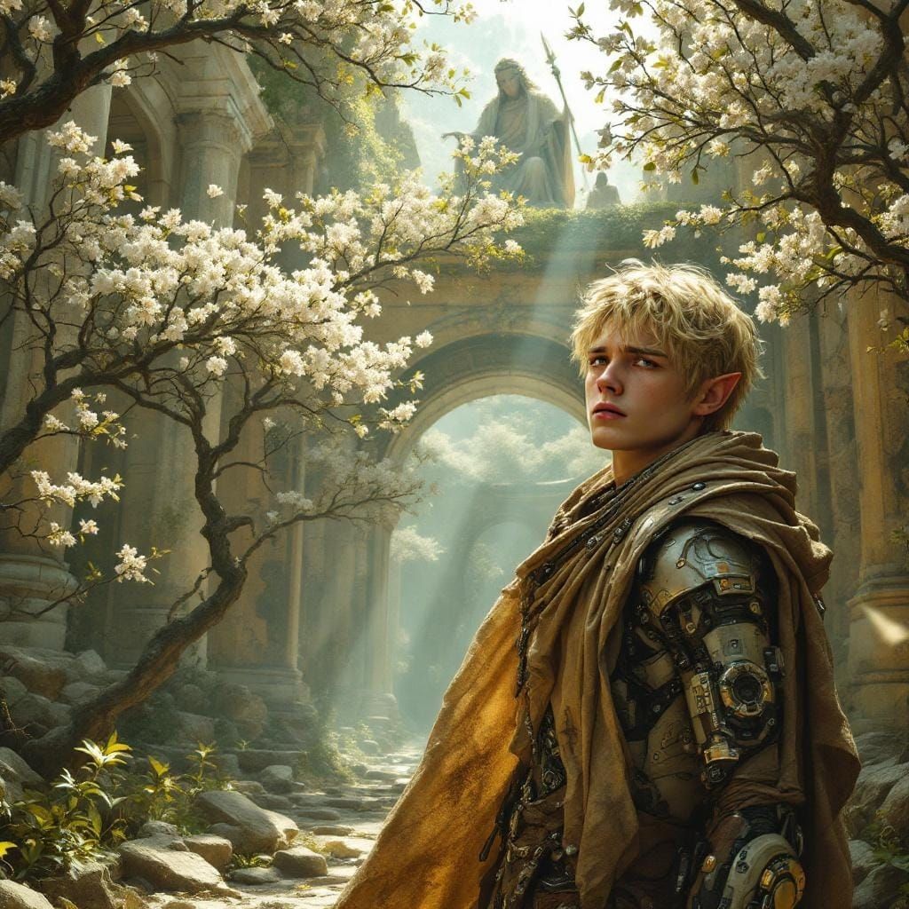 Cyborg Elf in Ruined Temple in Oil Realism Style