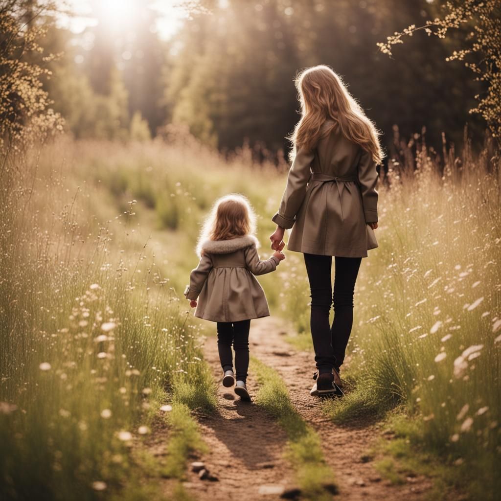 Mother and Daughter Walking in Nature