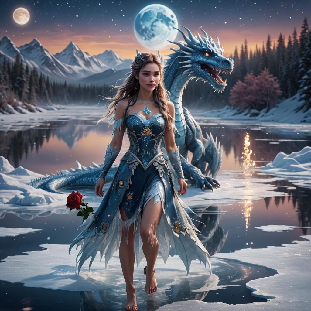Cute Ice Dragon Girl Hybrid on Frozen Lake