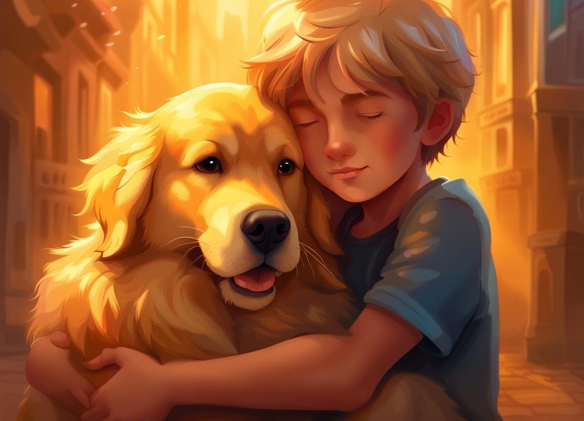 Boy Hugs Golden Retriever in Hyperrealistic Splash Art