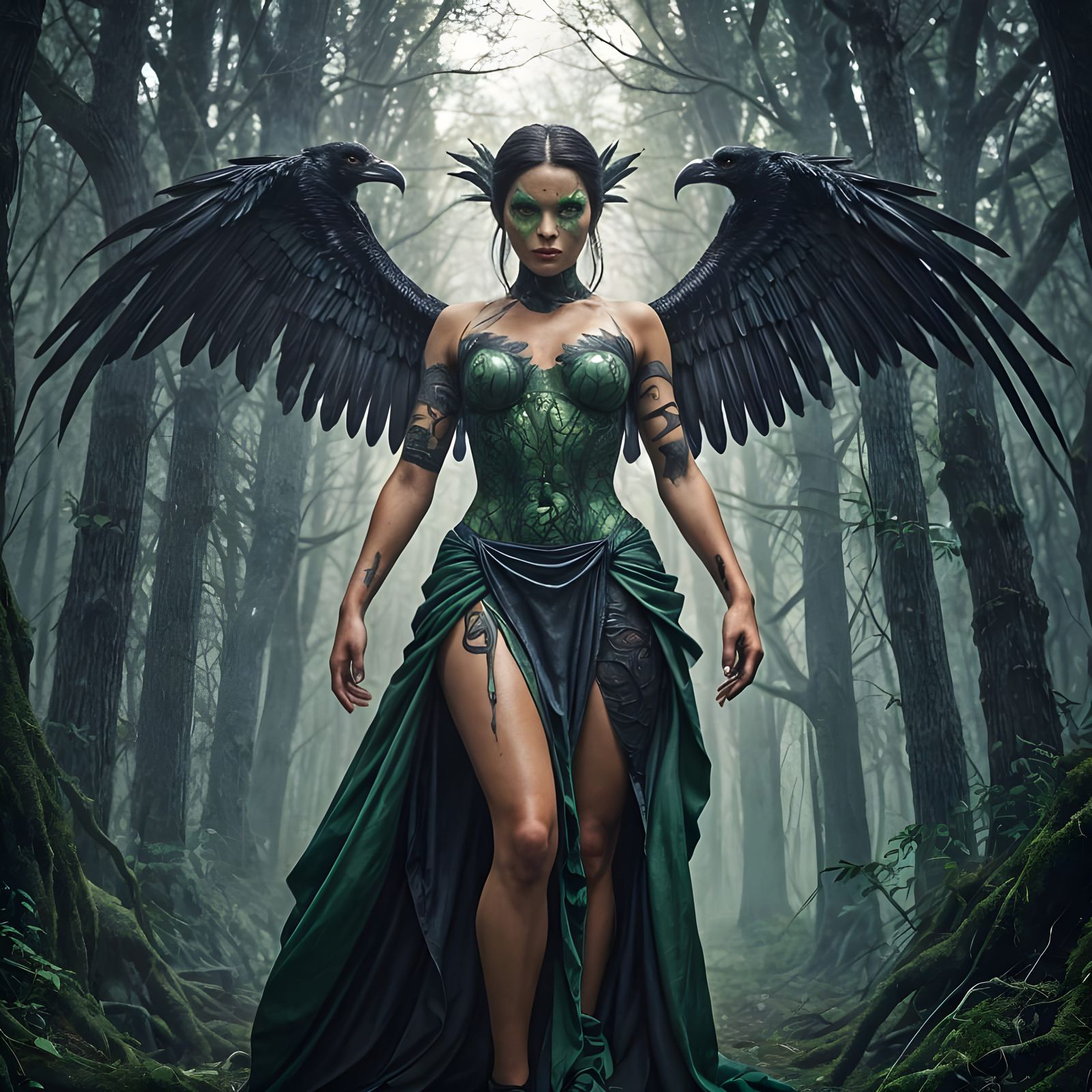 Sister Asp: Green Reptilian Beauty with Raven Wings
