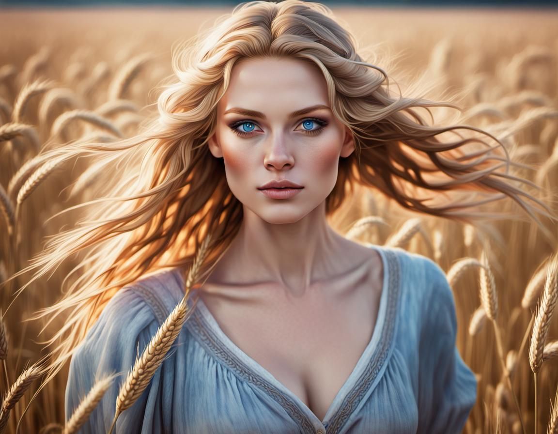 Golden Haired Woman in Wheat Field Watercolor